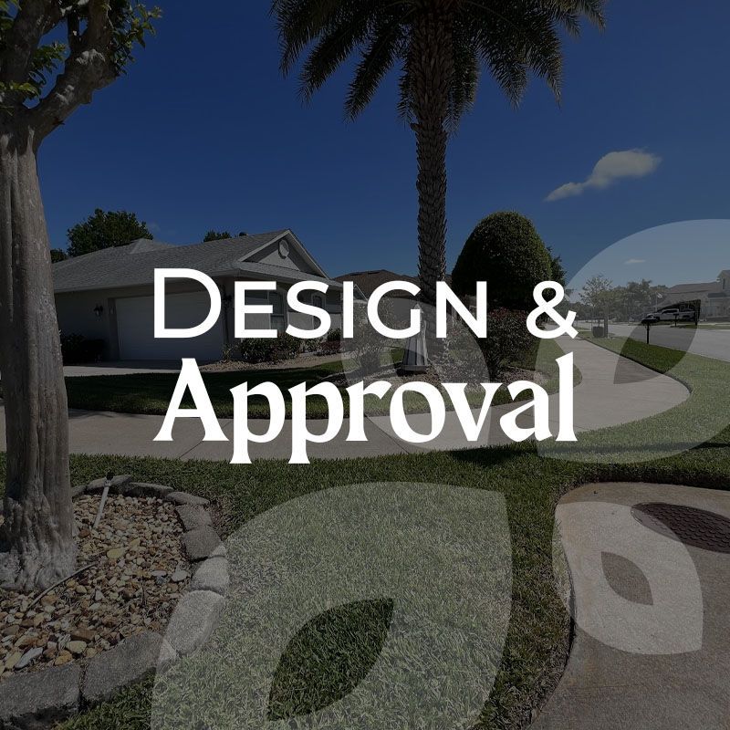 Design & Approval text overlay on a house and landscape background.