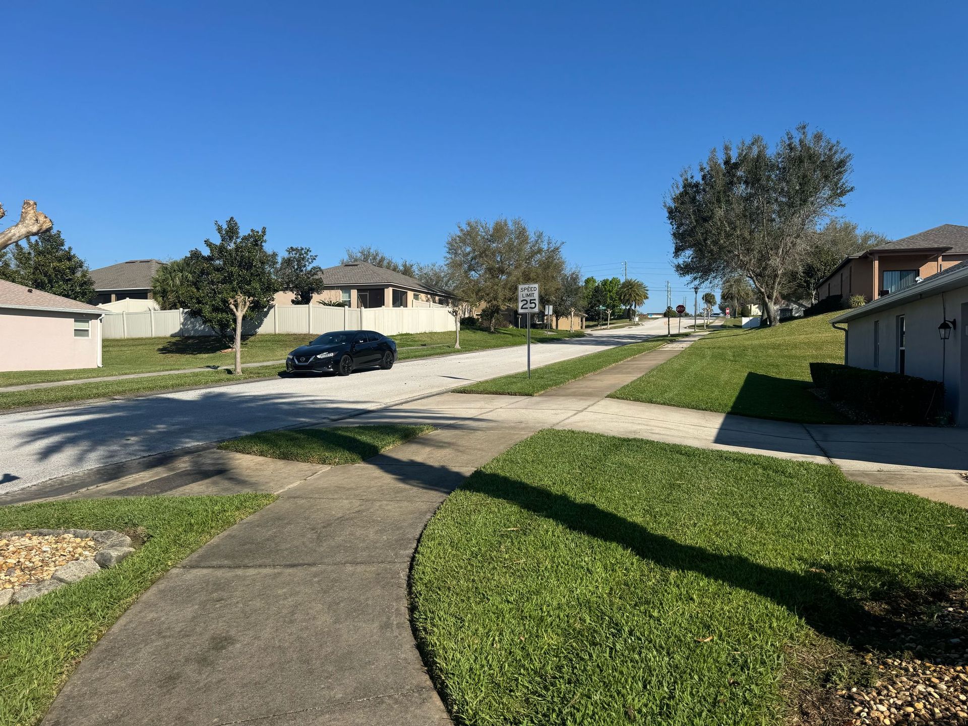 Suburban street with houses, a black car, sidewalks, and green grass under a blue sky.