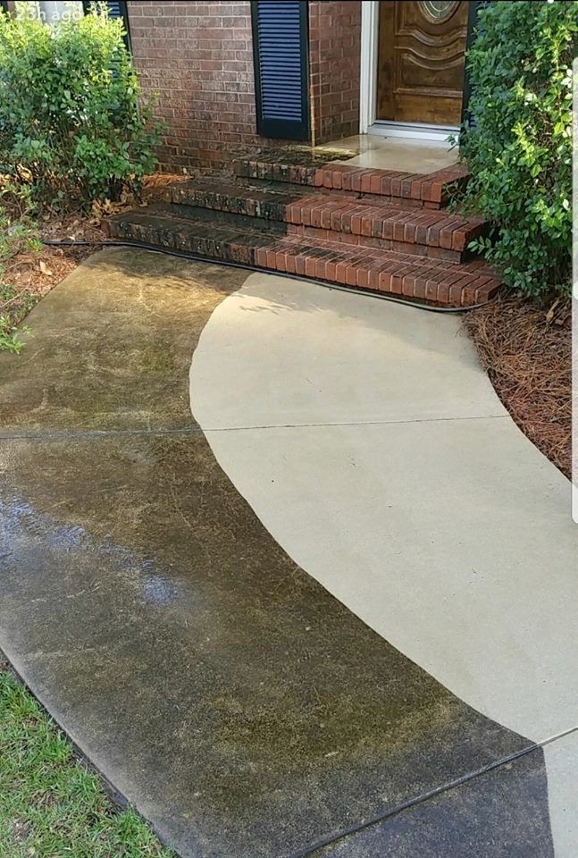 Concrete walkway power-washed clean. Shows before and after; steps and doorway in background.