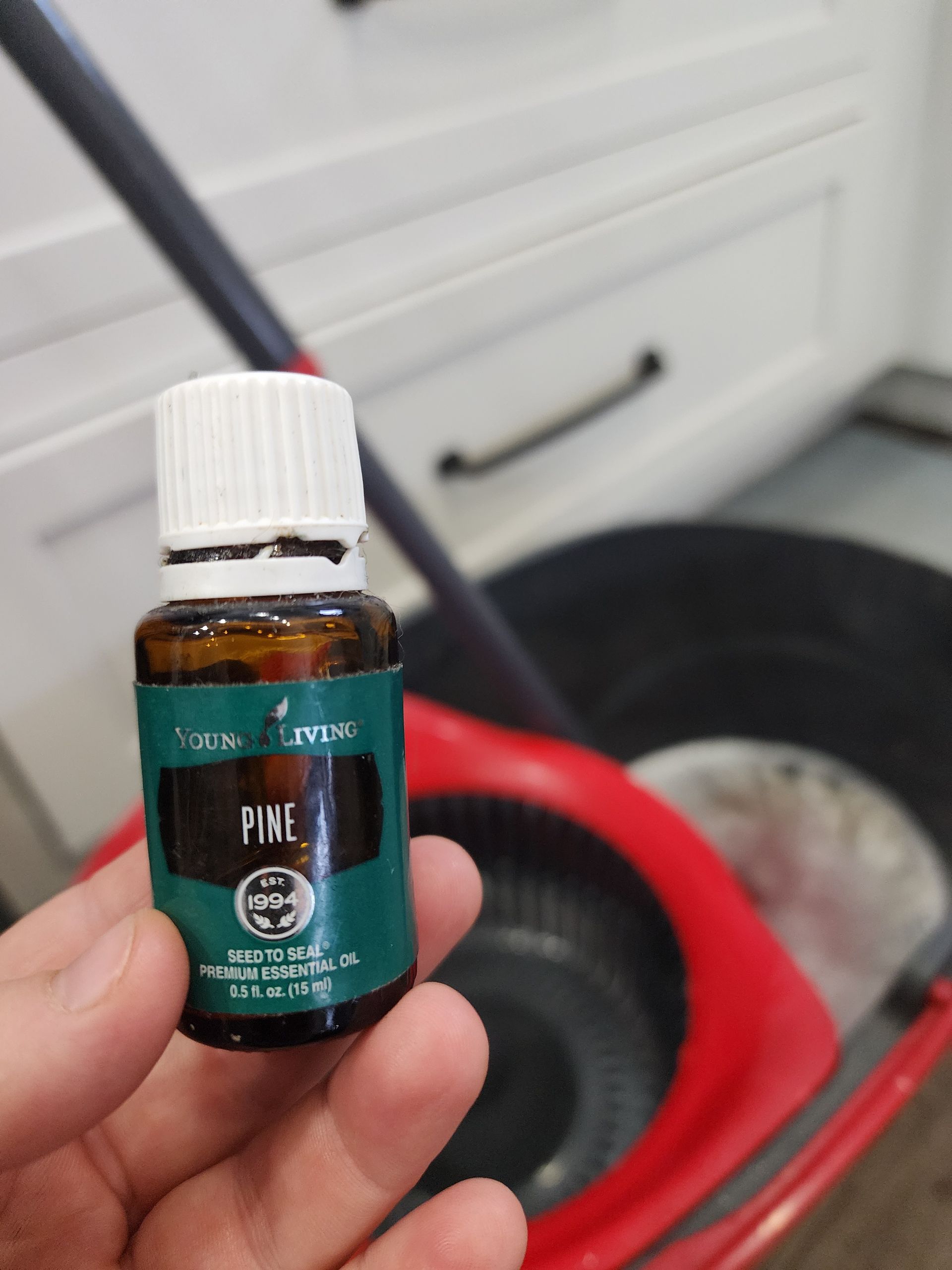 Hand holding a bottle of Pine essential oil in front of a red and black lawn mower.