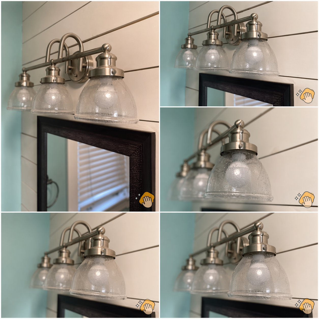 Chrome vanity light with three clear glass shades mounted above a bathroom mirror on a tiled wall