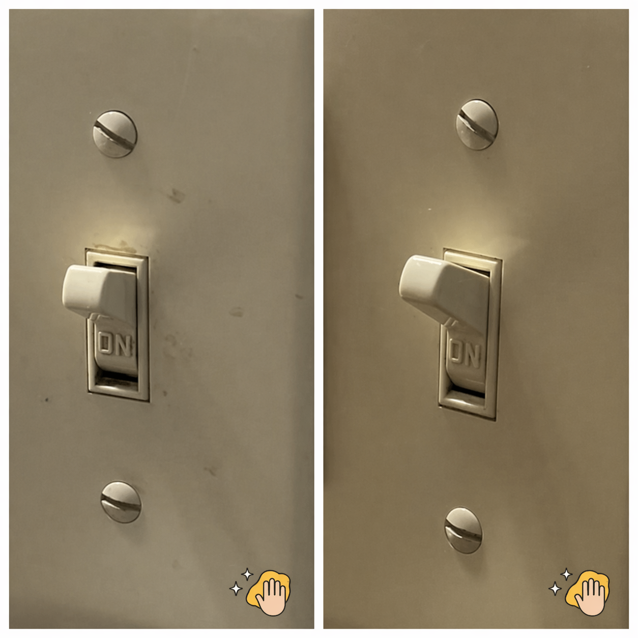 Two beige light switches on a wall, both in the ON position.