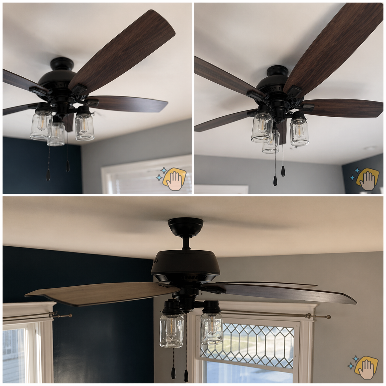 Ceiling fan with dark wood blades and glass light kit shown before and after a blade installation.