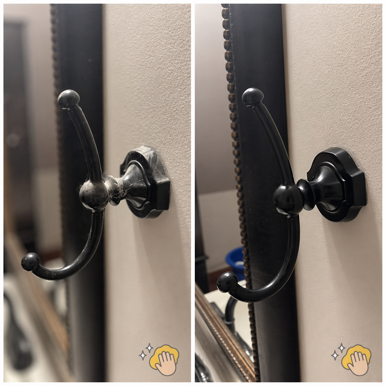 Before-and-after of a black wall-mounted hook on a beige wall, showing a worn finish replaced with a glossy one.