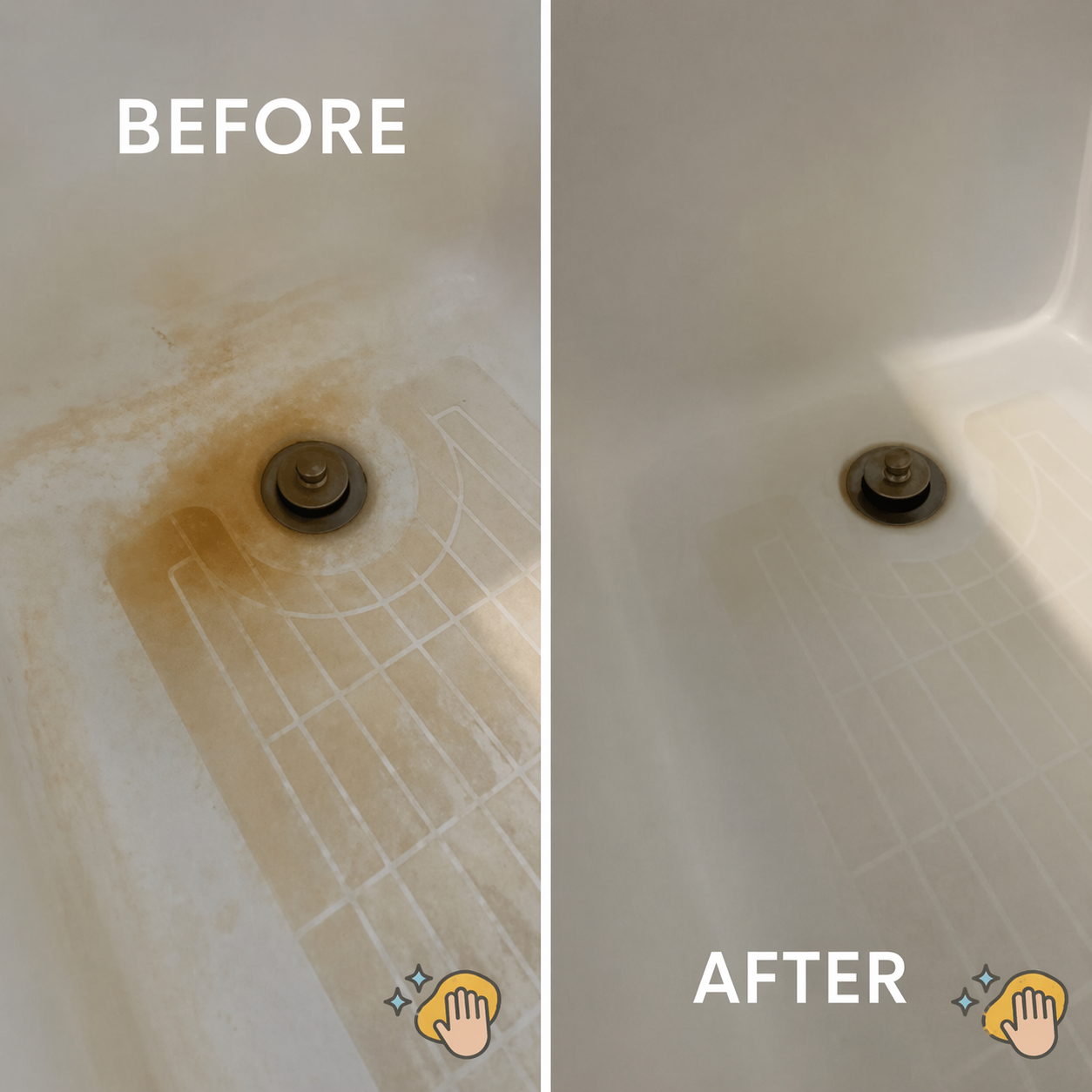 Before-and-after bathtub corner cleaning, showing stained tub on left and cleaned white tub on right.