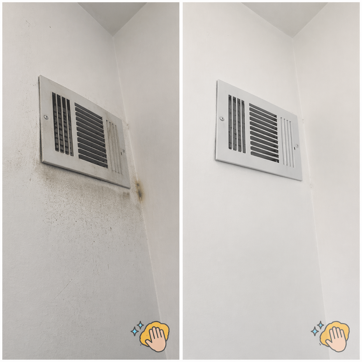 Before-and-after of a ceiling vent: dirty and stained on the left, clean on the right.