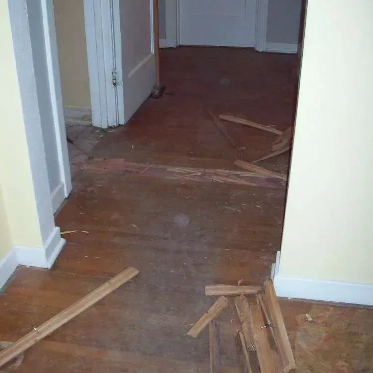 A hallway with a wooden floor and pieces of wood on the floor