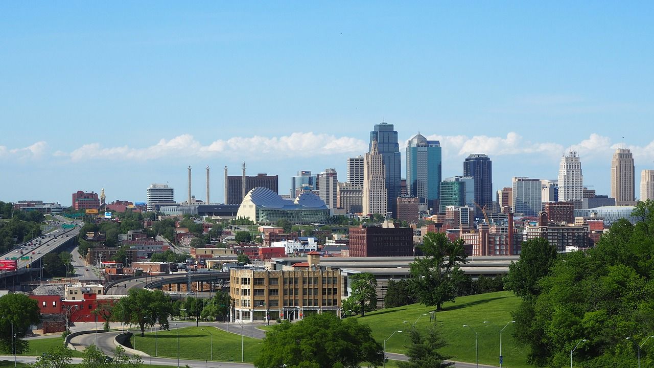 A city skyline with a lot of buildings and trees in the foreground
