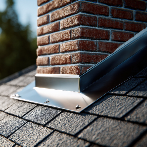 Brick chimney with metal flashing on a shingle roof.
