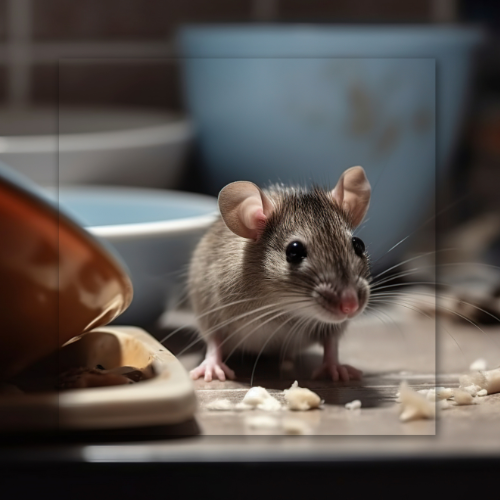 Mouse standing near spilled food on a countertop.