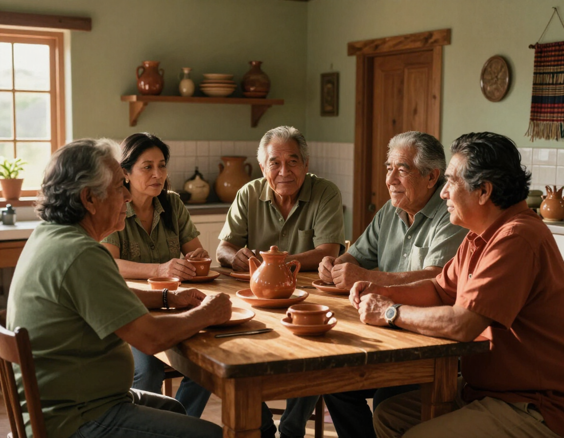 Grupo de adultos latinos reunidos en un ambiente familiar cálido