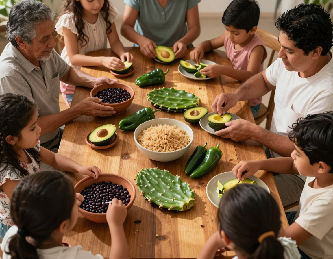 Mesa familiar latina con frijoles, aguacate, chiles y arroz integral en luz dorada
