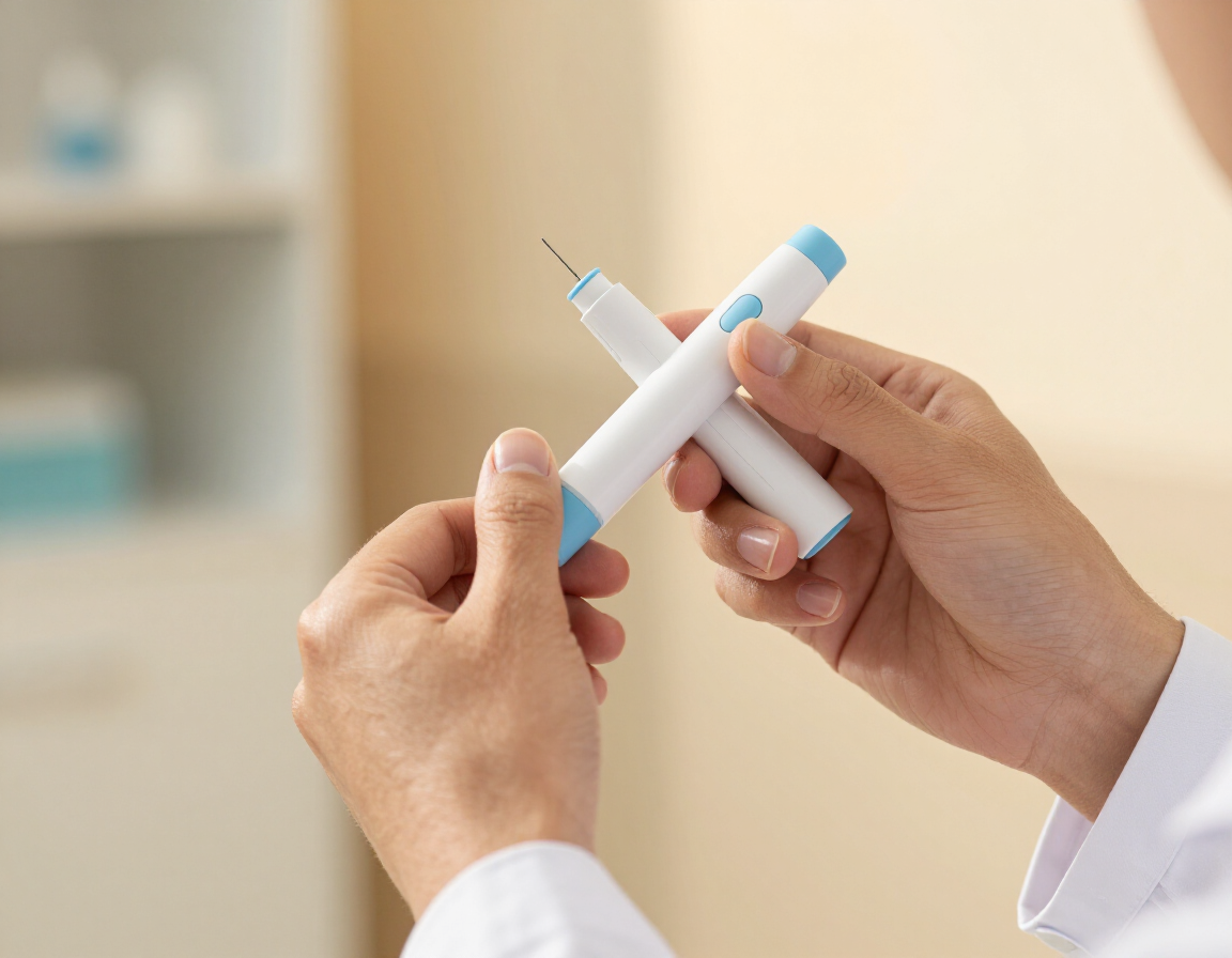 Médico demostrando pluma autoinyectable