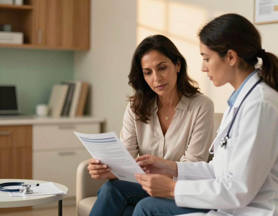 Mujer latina revisando materiales médicos con su médico