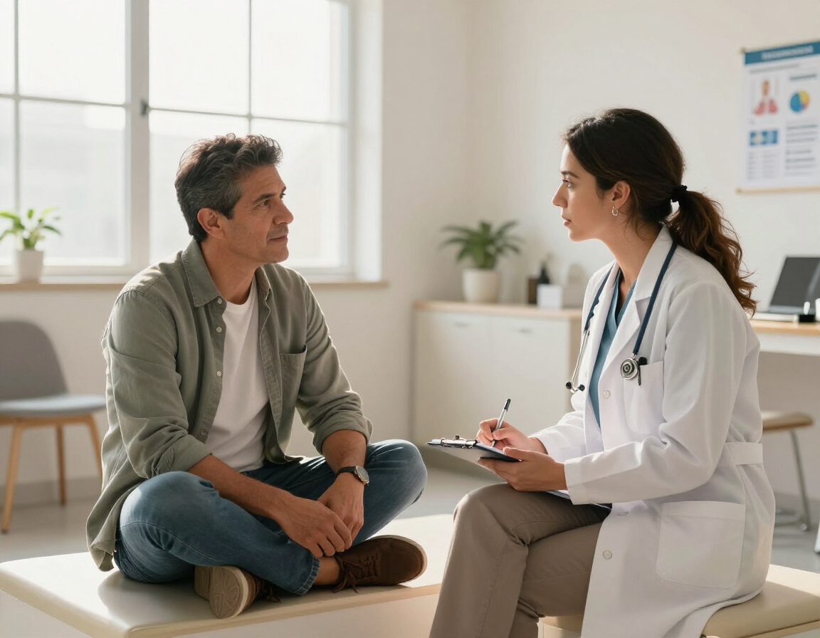 Paciente latino hablando con su médica sobre su tratamiento