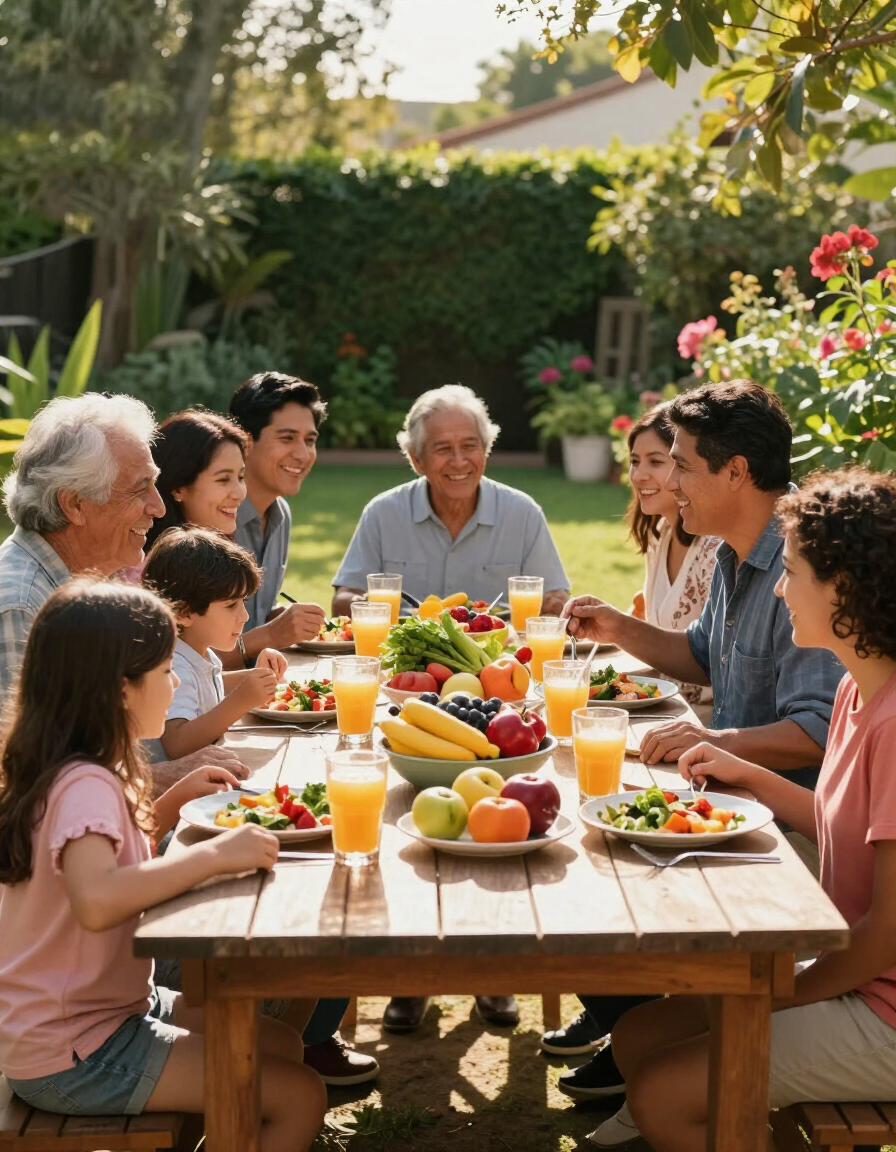 Familia latina disfrutando de una comida saludable al aire libre