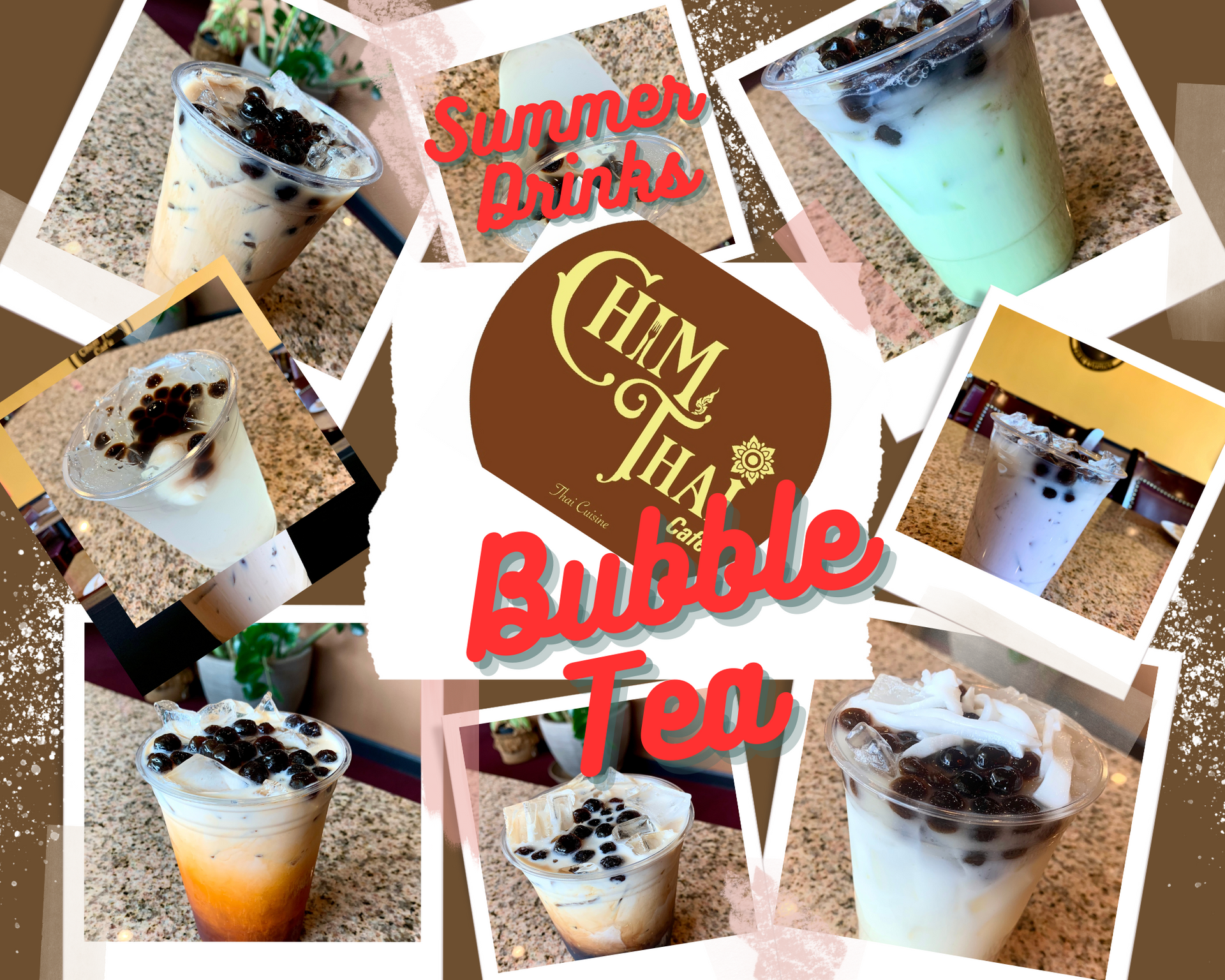A collage of photos of different drinks from chim thai bubble tea
