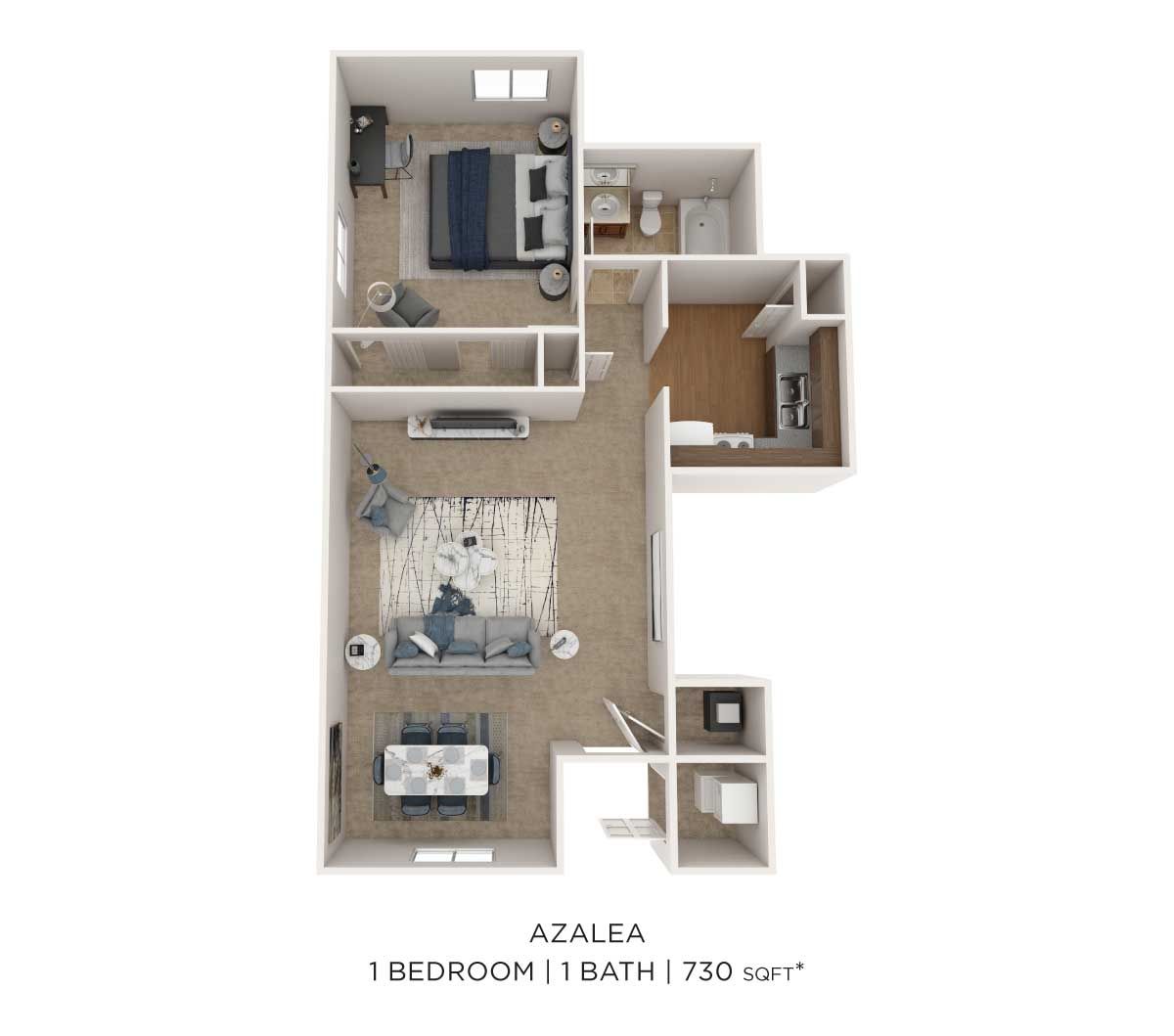 Floor plan for Azalea, a 730 sq. ft. apartment with one bedroom and one bathroom, shown from an overhead perspective.