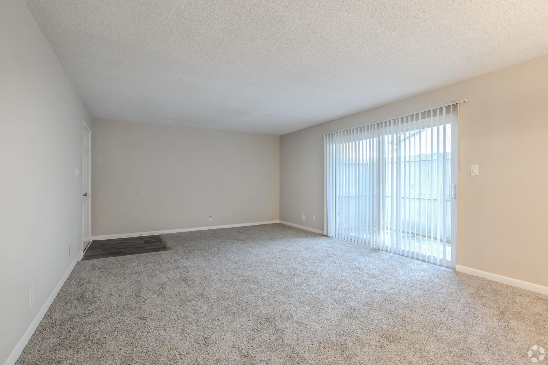 An empty room with light beige walls and grey carpet, featuring a sliding glass door with white vertical blinds.