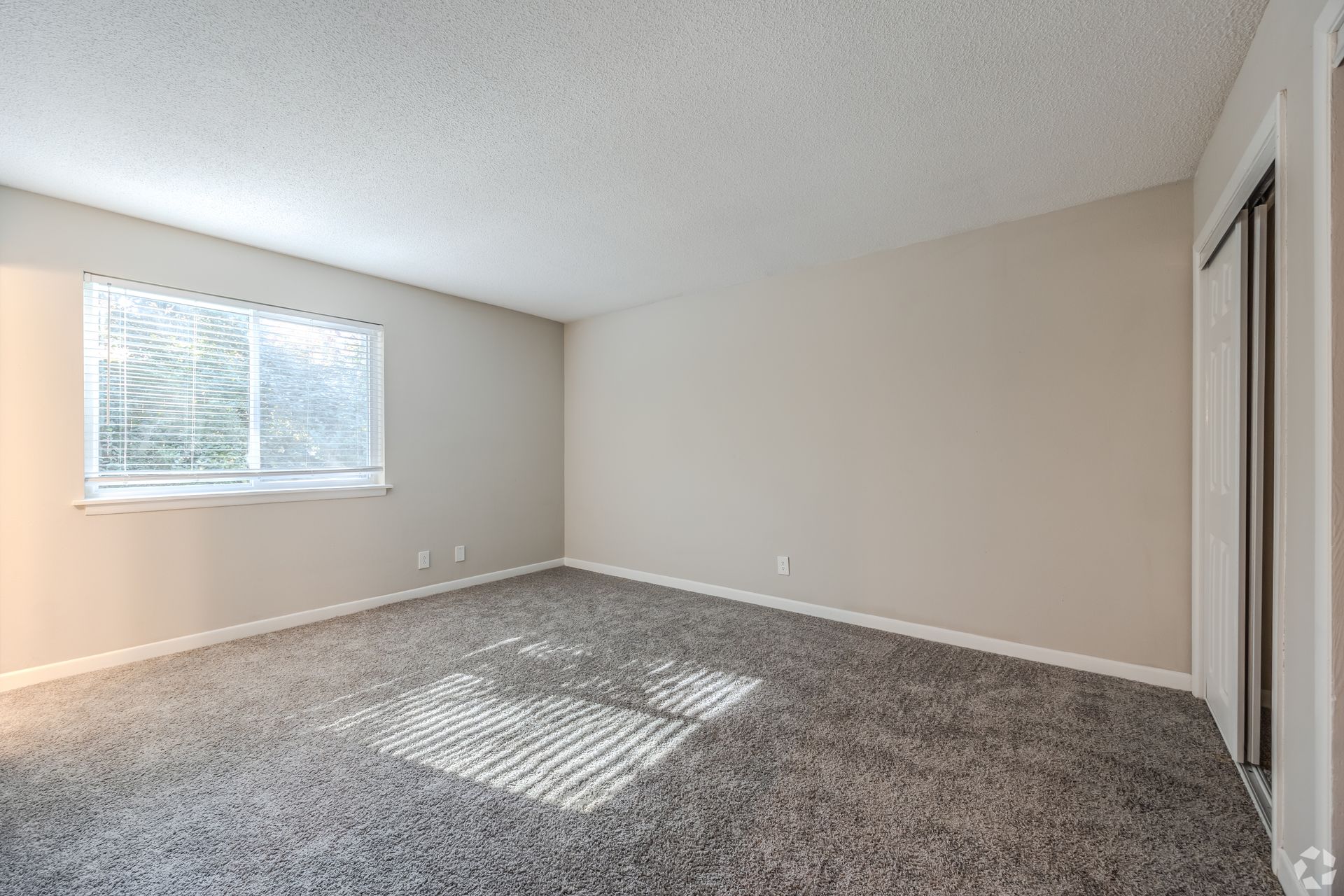An empty room with beige walls, grey carpet, a single window with blinds, and sliding closet doors on the right.