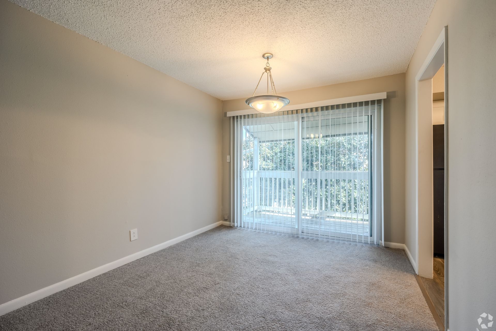 An empty room with gray carpet, beige walls, a ceiling light fixture, and a sliding glass door leading to a balcony.
