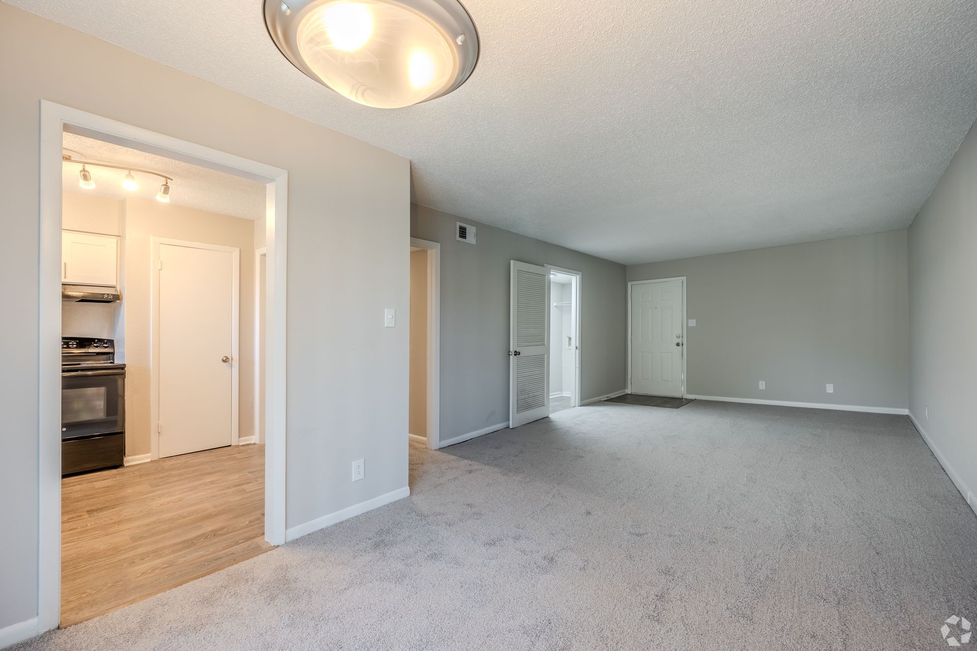 A vacant living room with neutral gray walls and carpet, leading to a kitchen with light-colored flooring and white doors.
