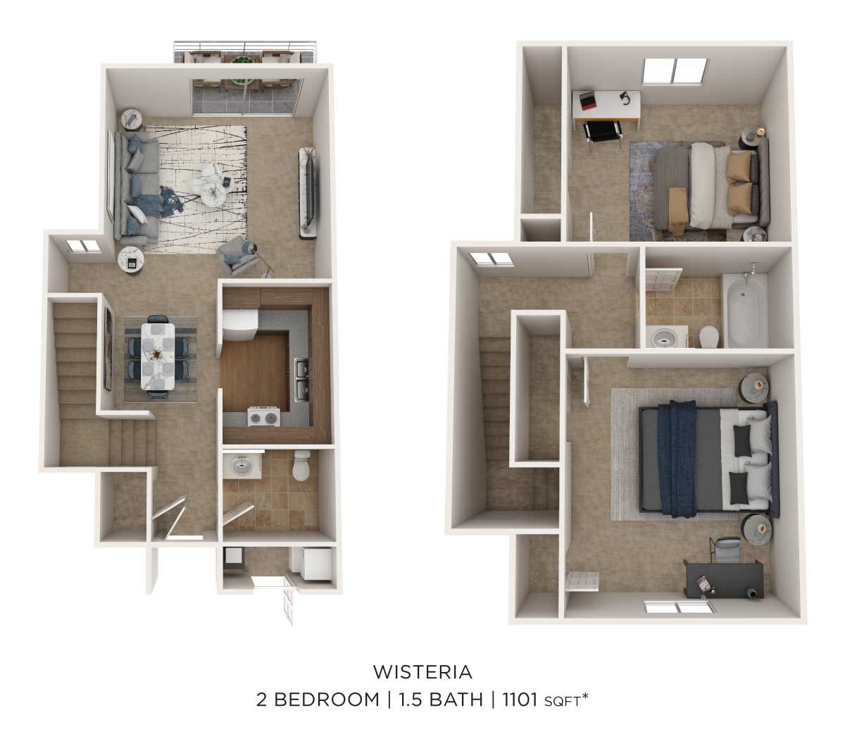 Floor plan for a 2-bedroom, 1.5-bath 