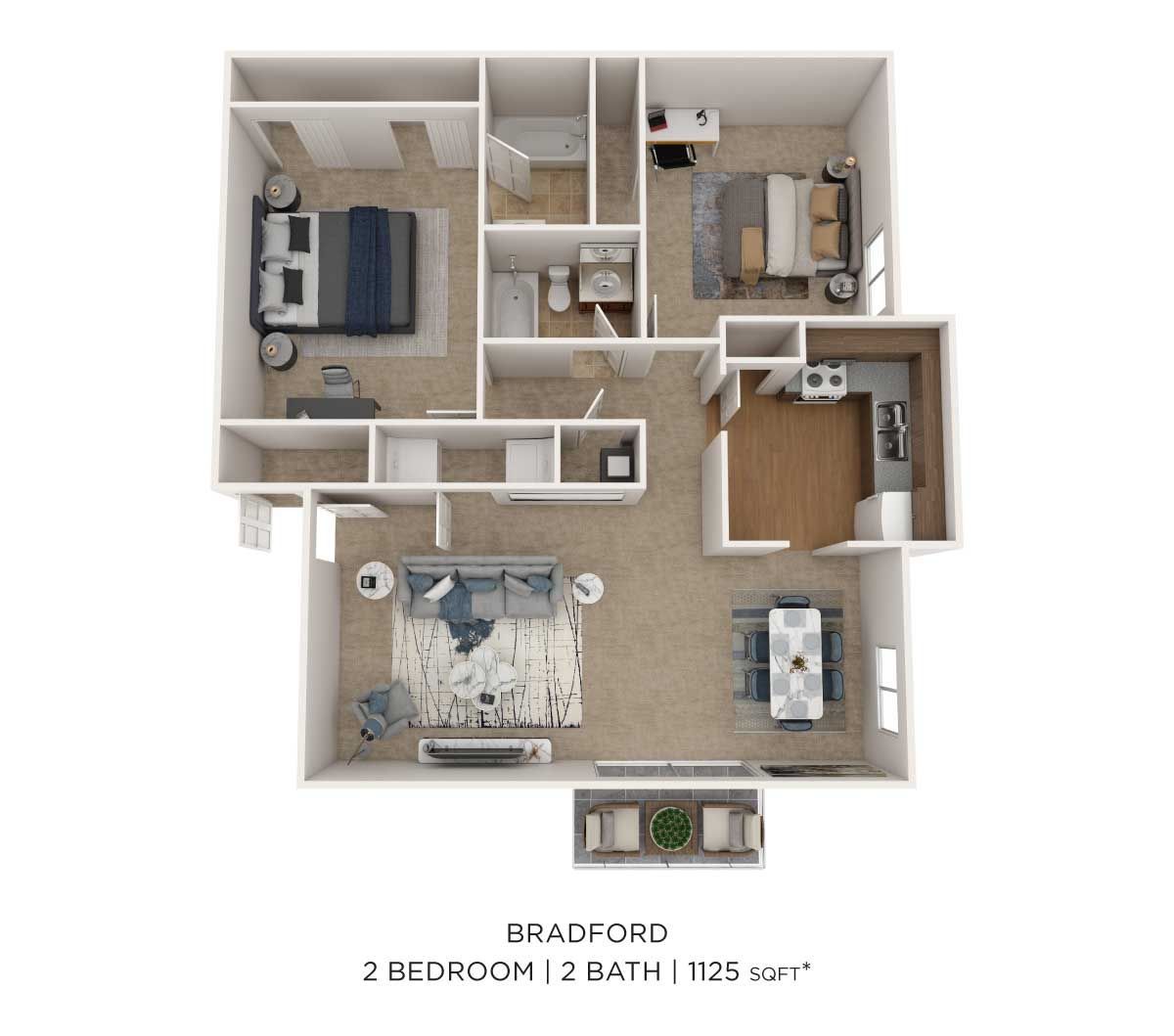 Floor plan of a 2-bedroom, 2-bath apartment called the Bradford, featuring a living room, dining area, kitchen, and patio.
