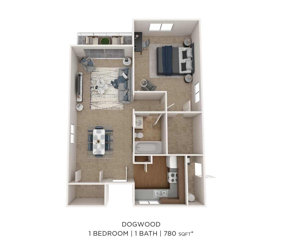 Floor plan for a 720 sq ft, 1-bedroom, 1-bath 