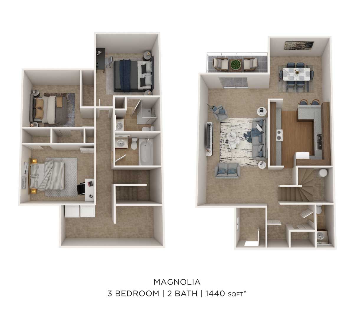 Floor plan for a 3-bedroom, 2-bath Magnolia apartment with two levels, showing room layouts and furniture placements.
