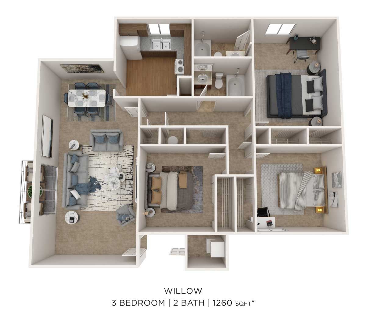 Floor plan for a 3-bedroom, 2-bath 1200 sqft apartment layout, showing furniture arrangement in each room.