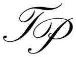 A blue calligraphic monogram of the letters 