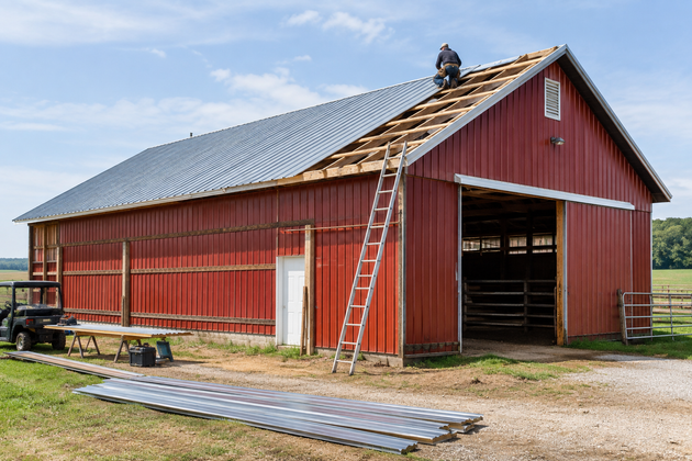 Red barn with a metal roof and open doorway, a ladder leaning against the front on a farm.