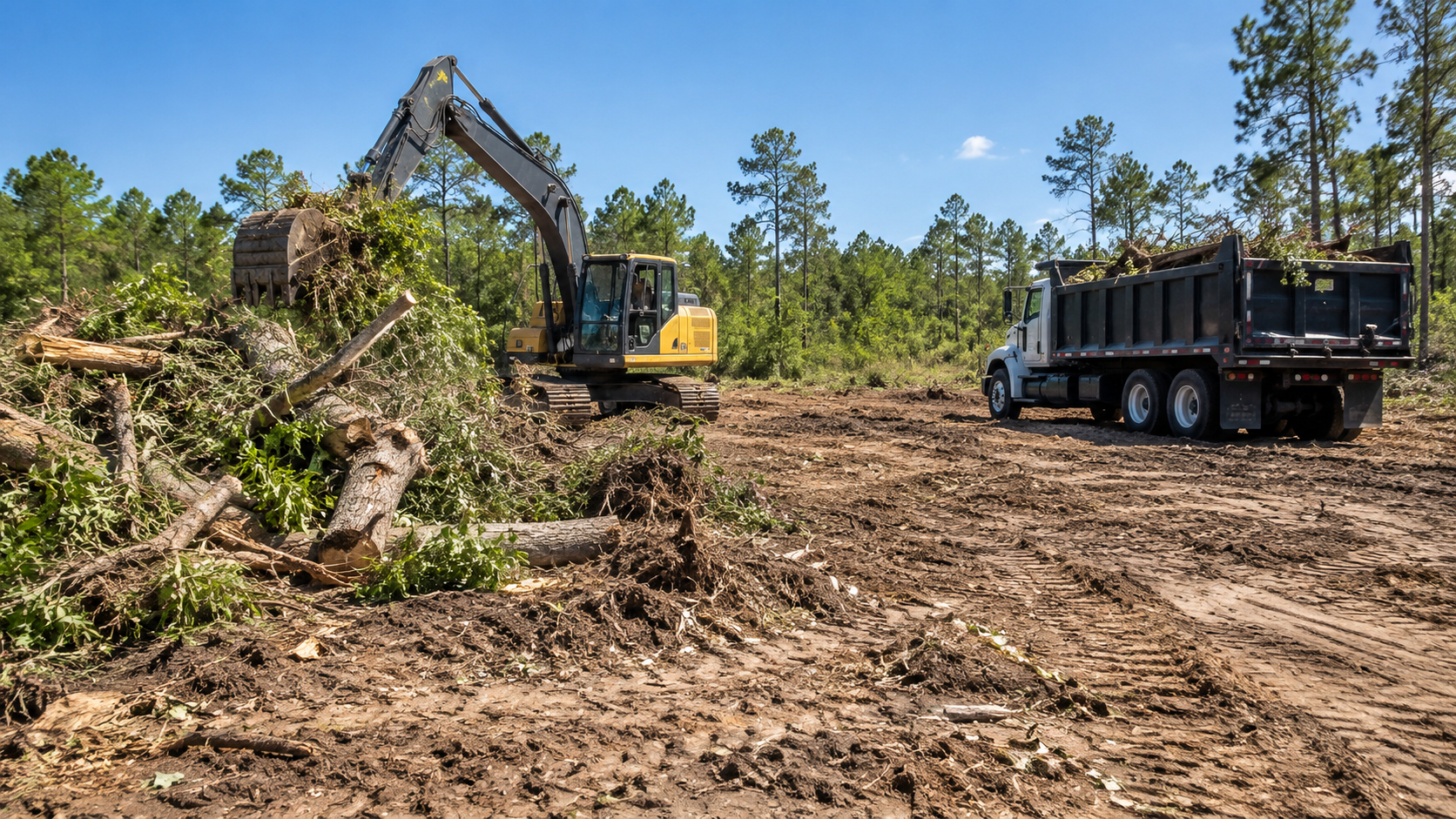 Excavator clearing dirt in a wooded lot beside a dump truck under a blue sky