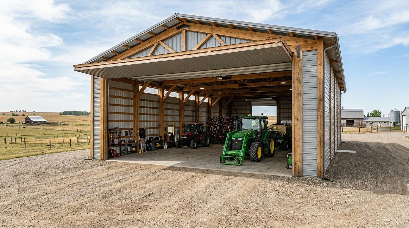 Open-sided wooden shed with tractors and farm equipment on gravel in a rural field