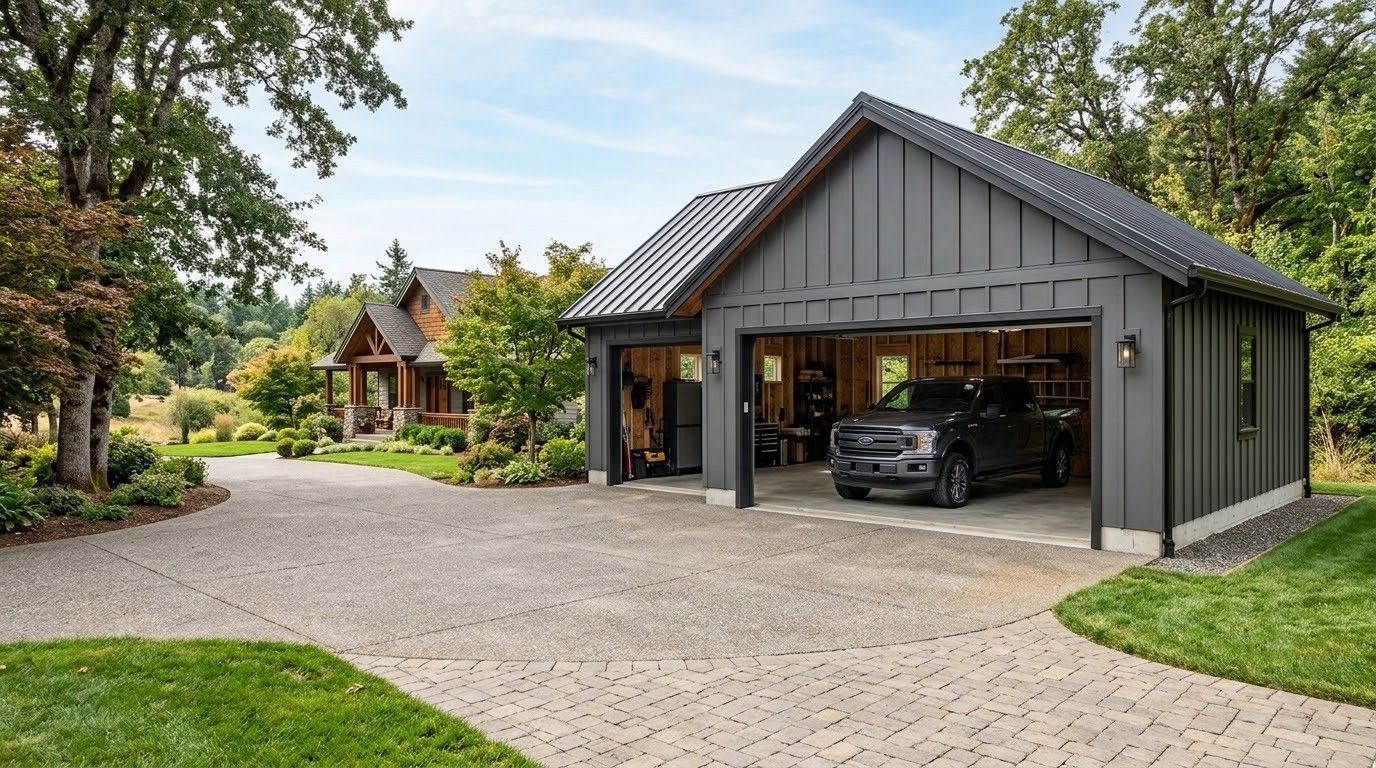 Gray garage with open door, black SUV inside, beside a gravel driveway and leafy trees