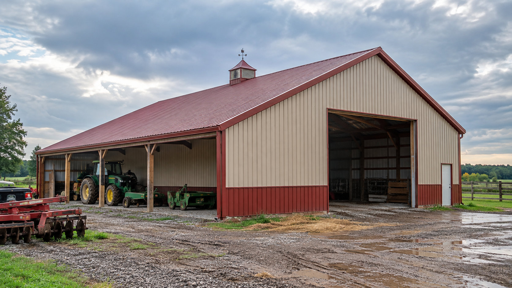 Red and beige farm barn with open bays on a gravel lot under a cloudy sky