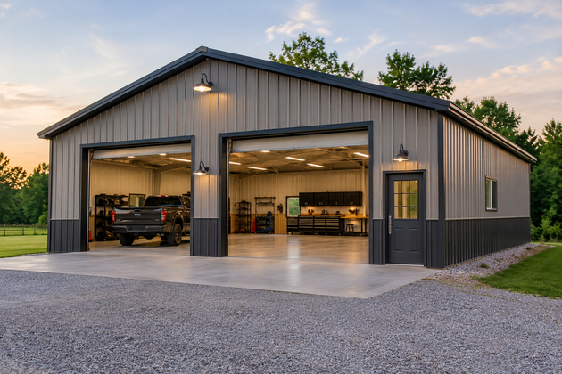 Gray metal garage with three open bays and vehicles inside at dusk