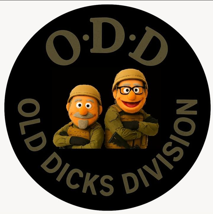 Black circular logo reading “O.D.D Old Dicks Division” with two orange puppet characters in construction hats.