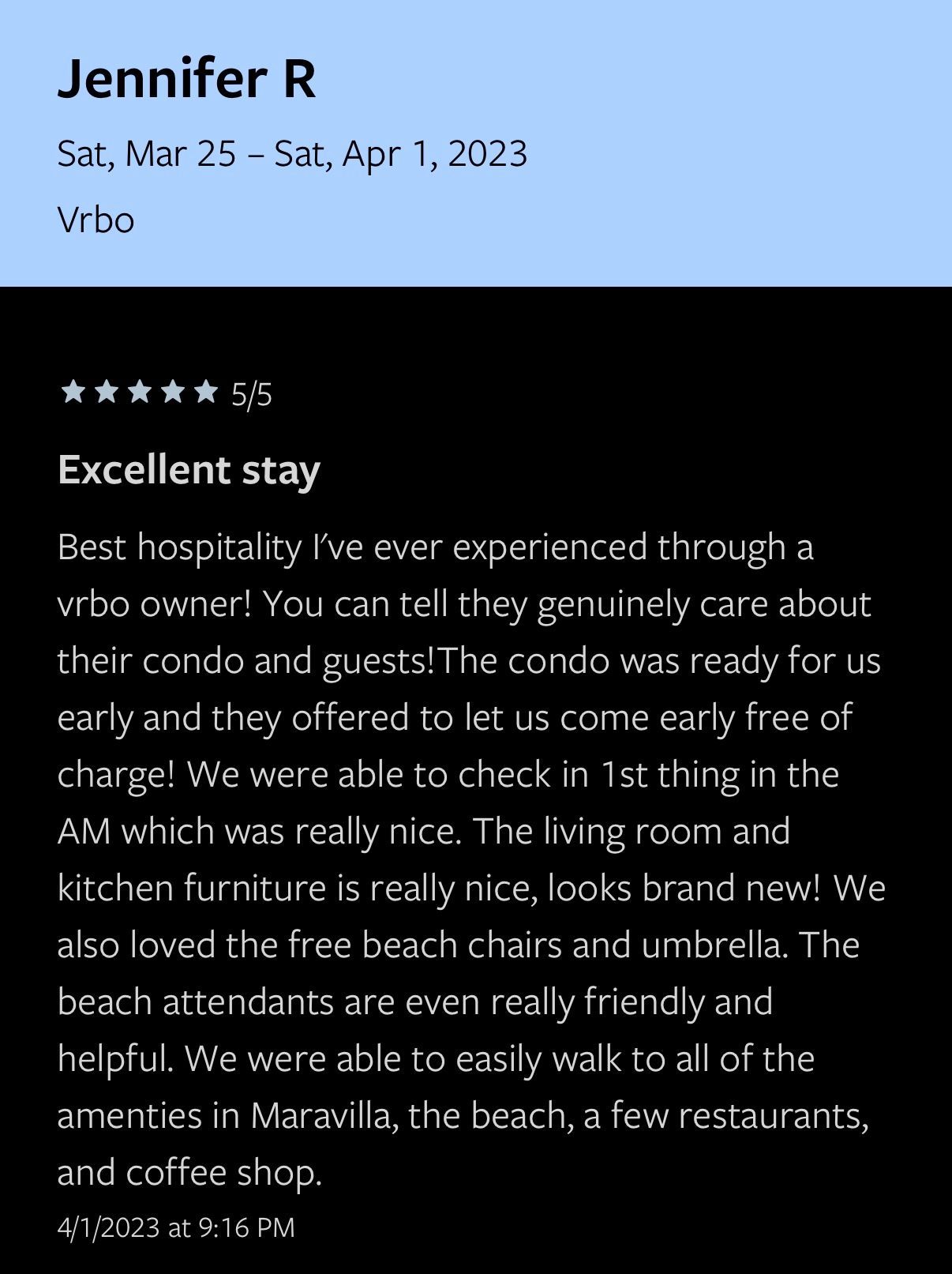 A review of jennifer r 's excellent stay