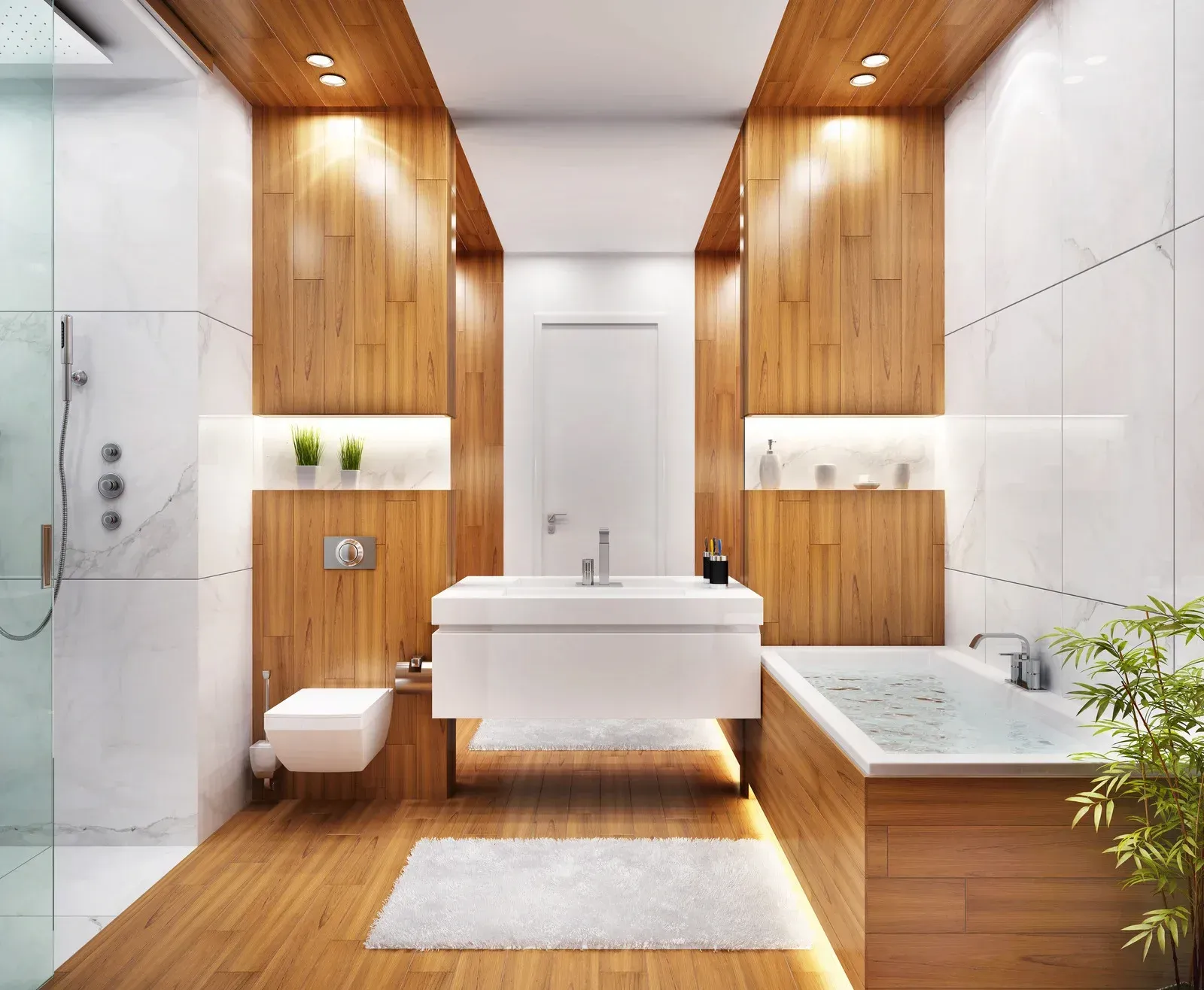 Modern bathroom with wood paneling, white walls, soaking tub, and walk-in shower.