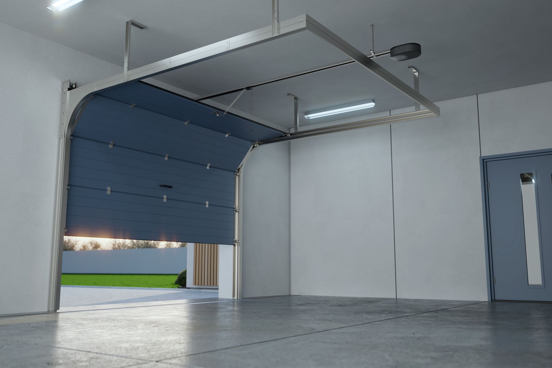 Garage door opener mounted on the ceiling with a pull cord, visible from below.