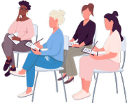 A cartoon image of 4 women sitting in chairs taking notes