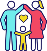A family is standing next to each other with a heart on their chests.
