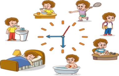 A cartoon of a boy's daily routine with a clock in the background.