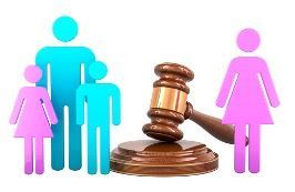 Family figures beside a gavel and scales, suggesting a legal or custody dispute