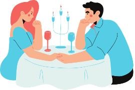Couple on a date, holding hands, at a table with candles and wine glasses.
