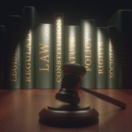 Gavel in front of law books including