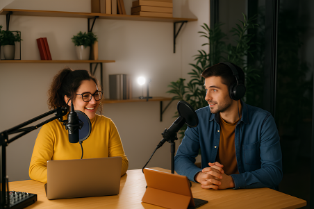 a man and woman sitting at a table with podcast equipment
