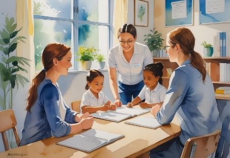 Teachers assisting young students in a classroom; light-filled space with desks, smiles, and plants.